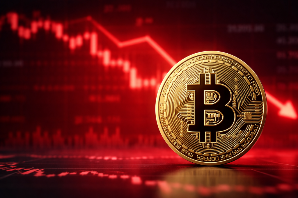 Биткоин на фоне падающего красного графика, символизирующего снижение цены и коррекцию рынка криптовалют