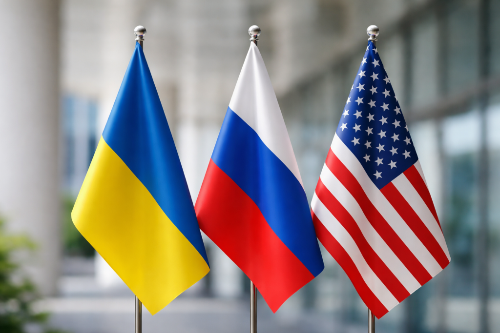 Государственные флаги Украины, России и США на нейтральном фоне дипломатических консультаций.
