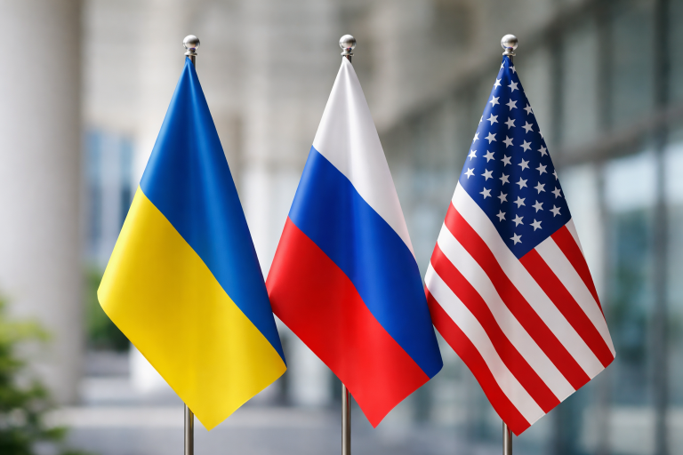 Государственные флаги Украины, России и США на нейтральном фоне дипломатических консультаций.