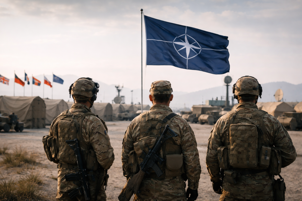Военная база НАТО и солдаты союзных сил, международная безопасность.