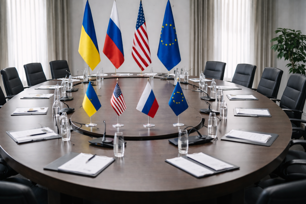 Переговорный стол с флагами Украины, России, США и ЕС перед началом международных переговоров.