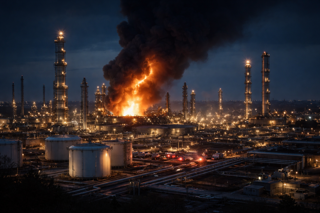 Ночной пожар на нефтеперерабатывающем заводе после атаки беспилотников в промышленной зоне
