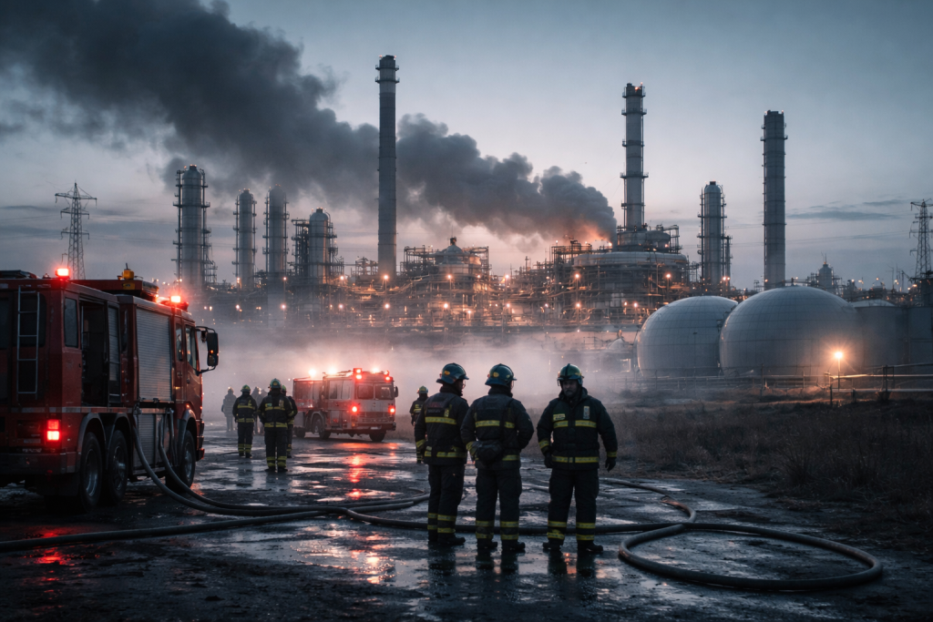 Экстренные службы работают на месте происшествия у нефтеперерабатывающего комплекса после пожара в промышленной зоне