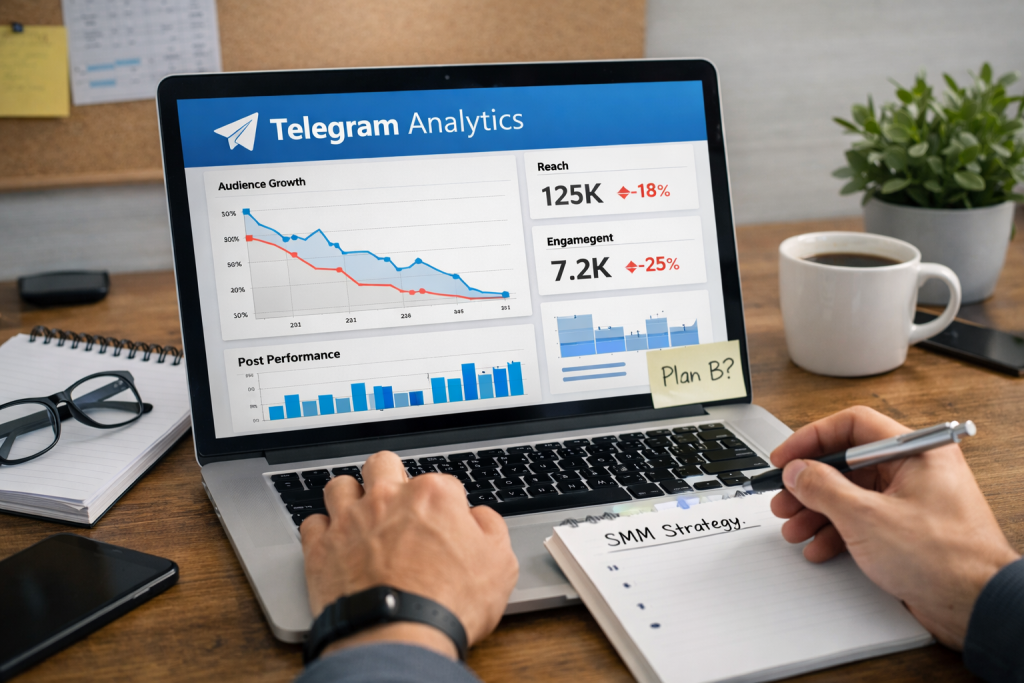 SMM-специалист анализирует статистику Telegram-канала на ноутбуке во время замедления Telegram в России