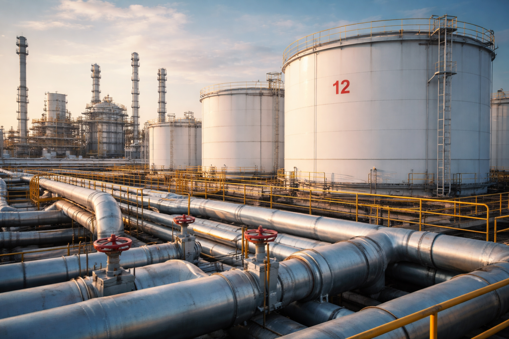 Нефтяные резервуары и трубопроводы нефтеперерабатывающего завода в промышленной зоне