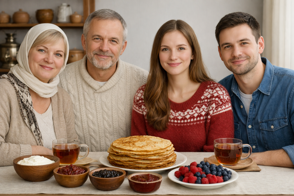 Семья за праздничным столом с блинами на Масленицу, сметаной, вареньем, ягодами и чаем, уютная домашняя атмосфера.