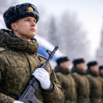 Солдат в зимней форме на военном параде 23 февраля на фоне строя военнослужащих.