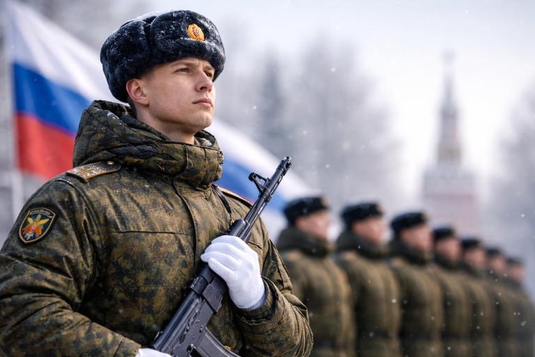 Солдат в зимней форме на военном параде 23 февраля на фоне строя военнослужащих.