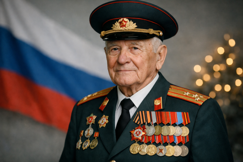Ветеран в военной форме с медалями на груди, портрет защитника Отечества.