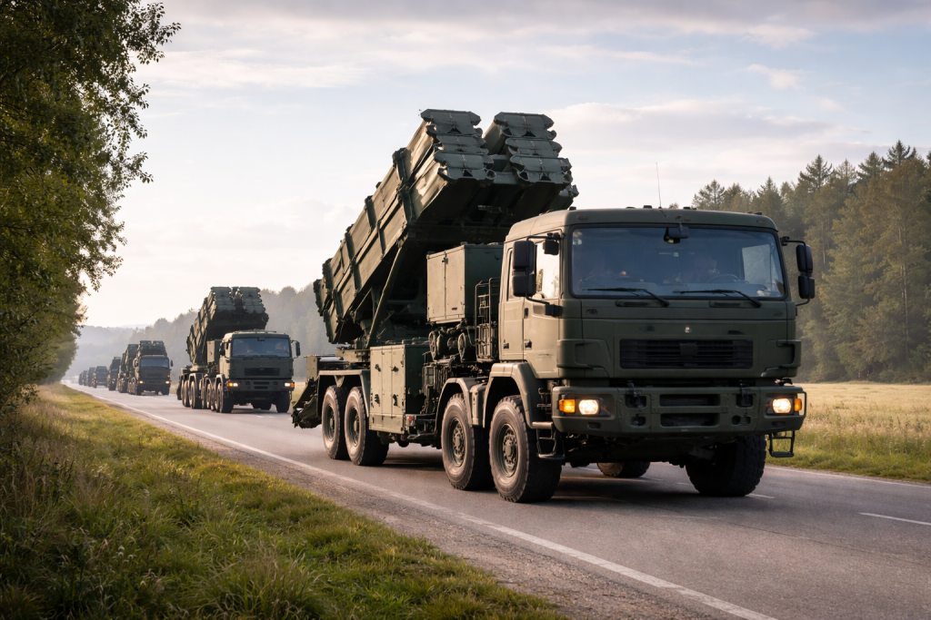 Европейские военные грузовики с оборудованием ПВО движутся по дороге во время учений