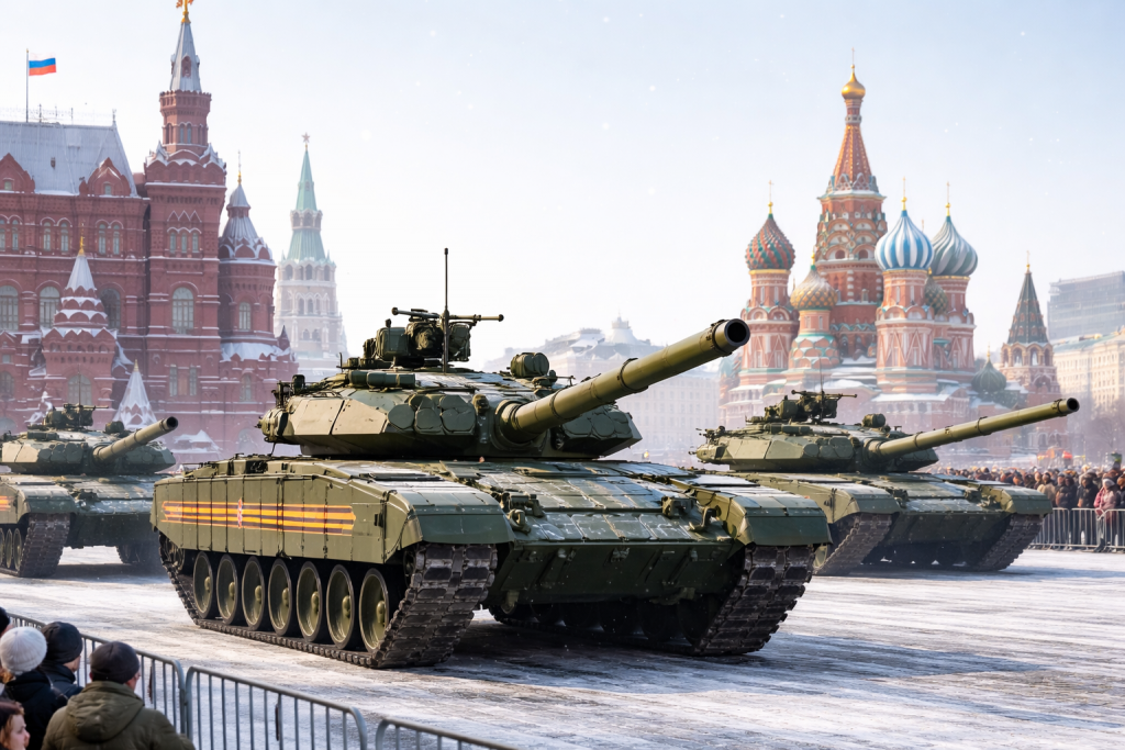 Военная техника на площади во время показательной экспозиции: современные танки на зимнем городском фоне.