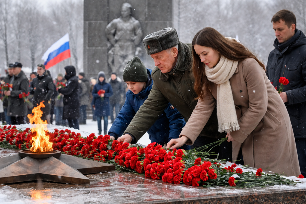 Возложение красных гвоздик к мемориалу павшим воинам у Вечного огня в День защитника Отечества.