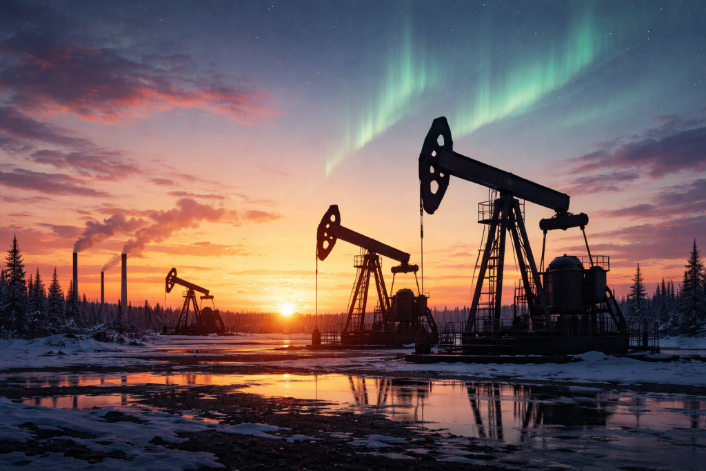 Нефтяные вышки в северном регионе России на фоне северного неба — энергетическая инфраструктура Коми