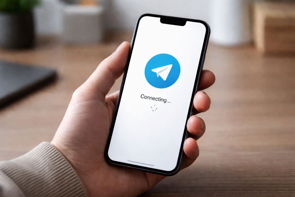 Смартфон в руке пользователя с зависшим логотипом Telegram на экране во время замедления сервиса в России