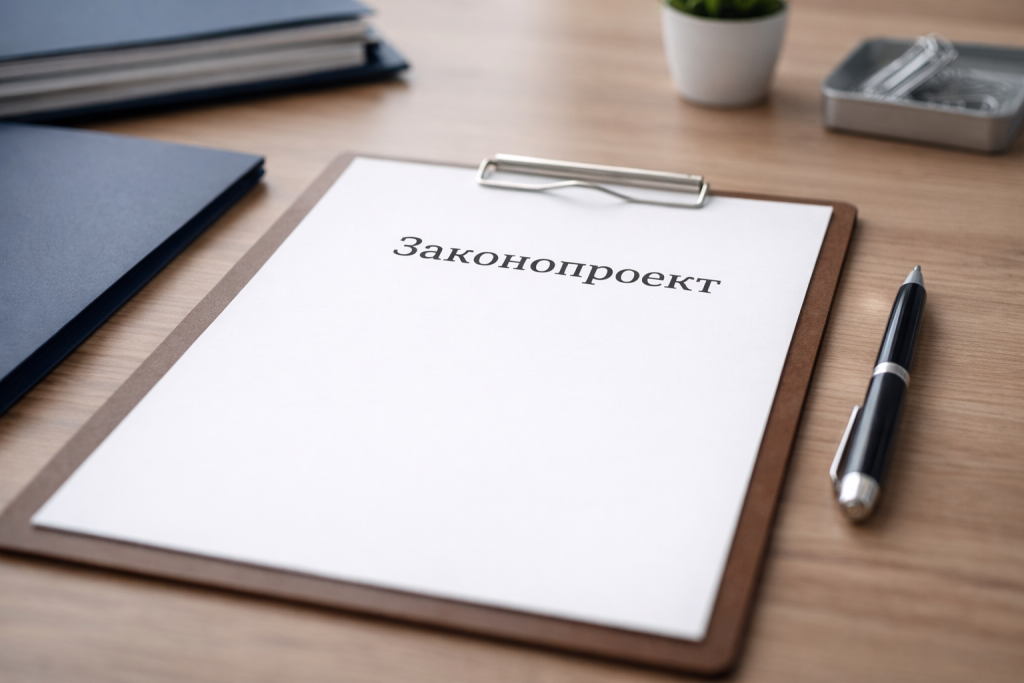 Документ с заголовком законопроект на рабочем столе рядом с ручкой и папкой.