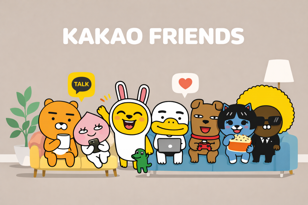 Персонажи KAKAO FRIENDS сидят вместе в минималистичной гостиной на светло коричневом фоне.