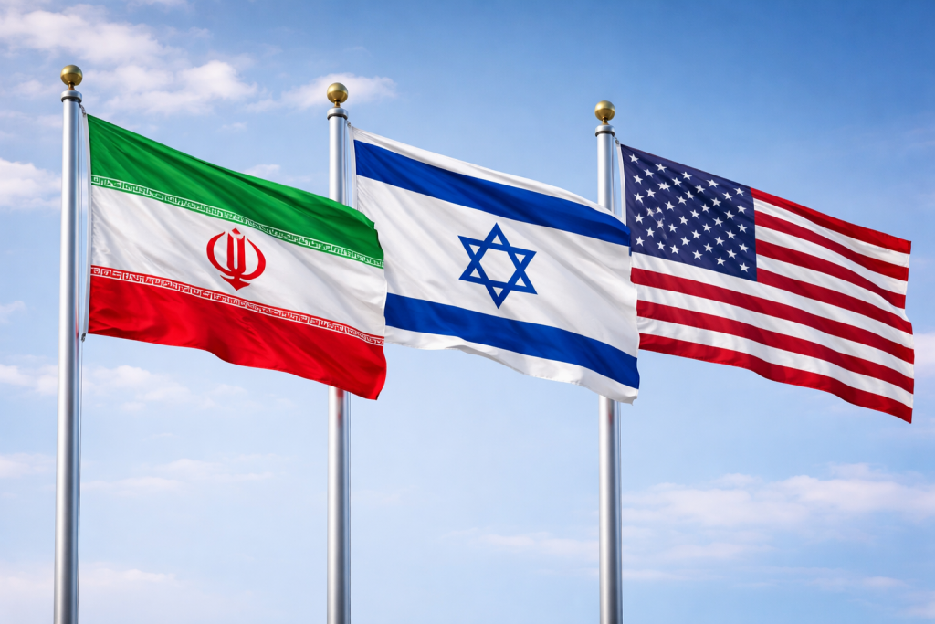 Флаги Ирана, Израиля и США как символ напряженности между странами.