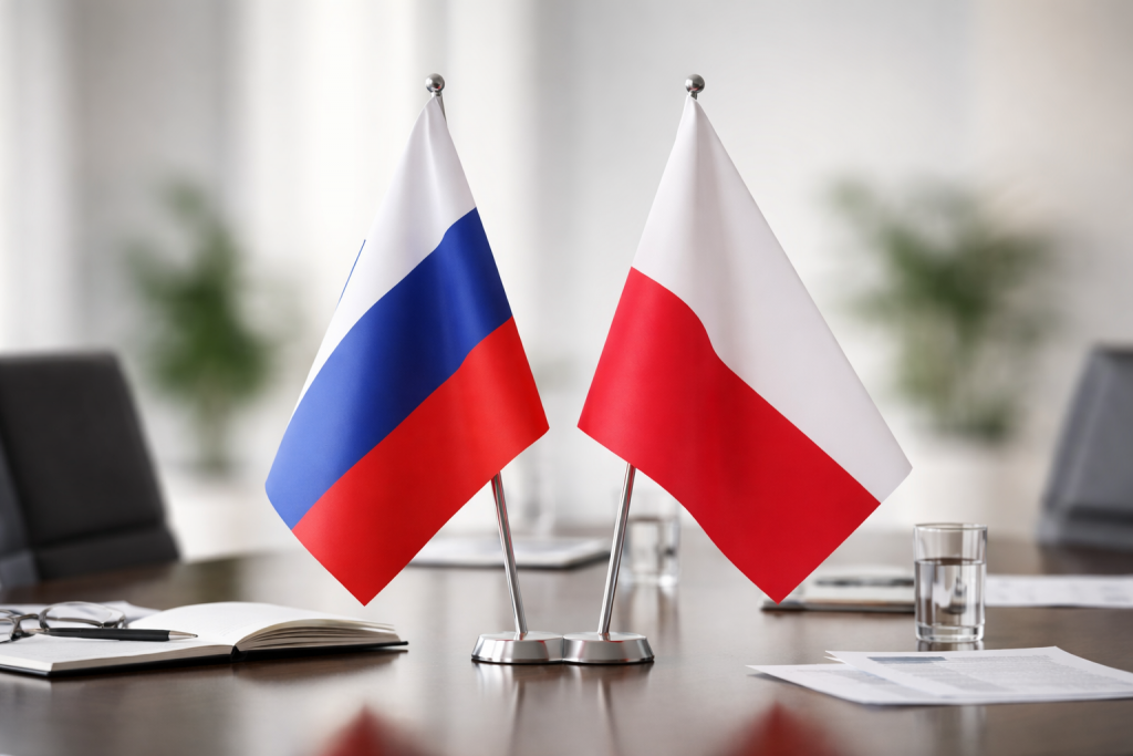 Флаги России и Польши на дипломатической встрече в переговорной комнате.