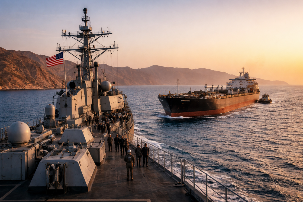 Военный корабль и нефтяной танкер в акватории Ближнего Востока на фоне региональной эскалации.