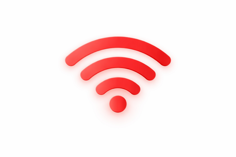 Красный значок Wi-Fi на белом фоне, символизирующий проблемы с интернетом или отсутствие соединения.