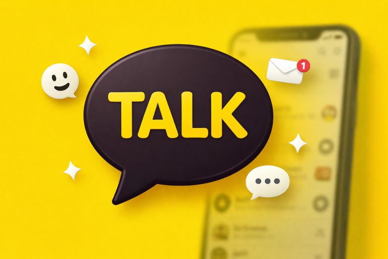 Логотип KakaoTalk на желтом фоне с белыми декоративными элементами и размытым смартфоном.