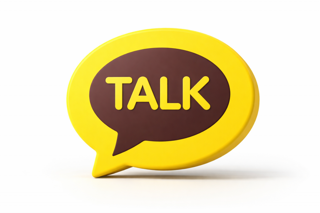 3D логотип KakaoTalk на белом фоне: объемный желтый чат-бабл с темной вставкой и надписью TALK.
