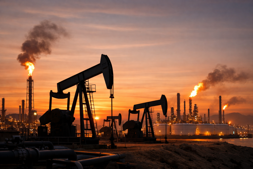 Нефтегазовая инфраструктура с резервуарами и трубопроводами.