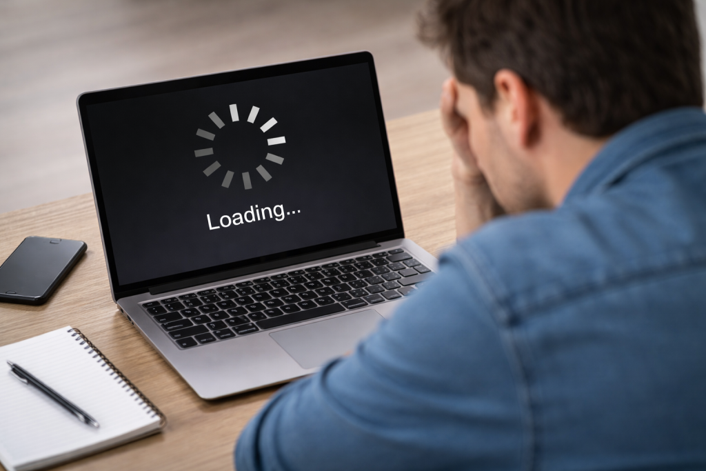 Мужчина за ноутбуком с медленной загрузкой интернета, экран с надписью "loading".