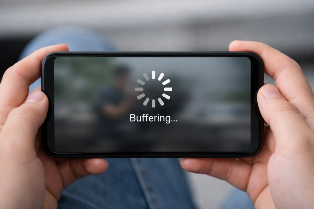 Замыленное видео на экране смартфона с иконкой загрузки и надписью «Buffering», пользователь держит телефон в руках.