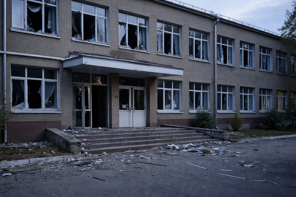 Поврежденное здание школы с выбитыми окнами после ночной атаки, осколки стекла лежат у входа.