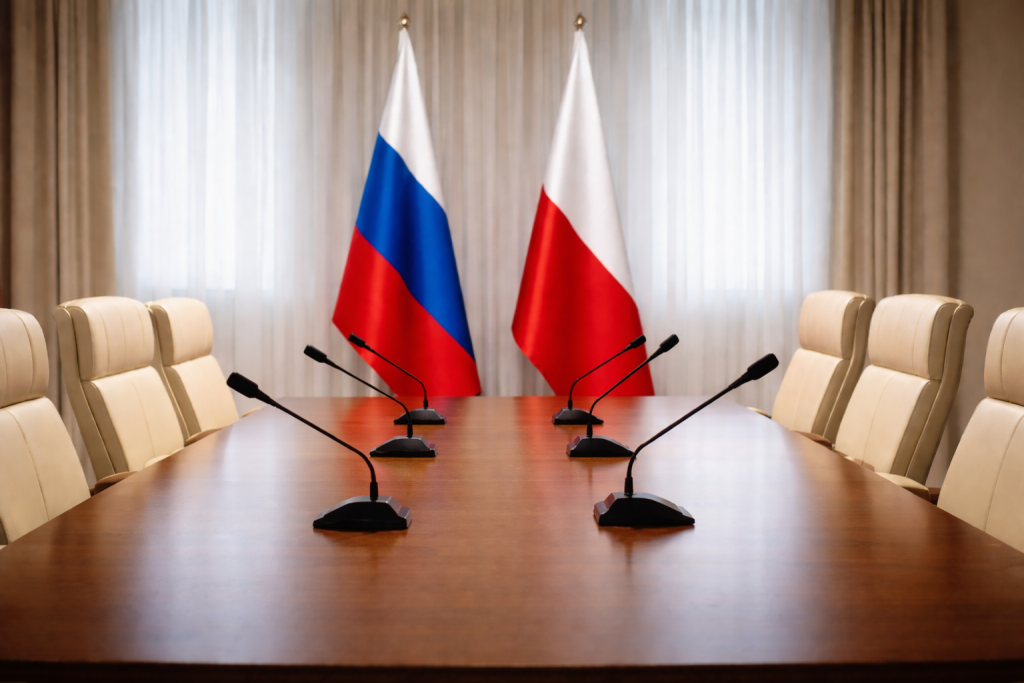 Переговорная комната дипломатической миссии с флагами России и Польши.