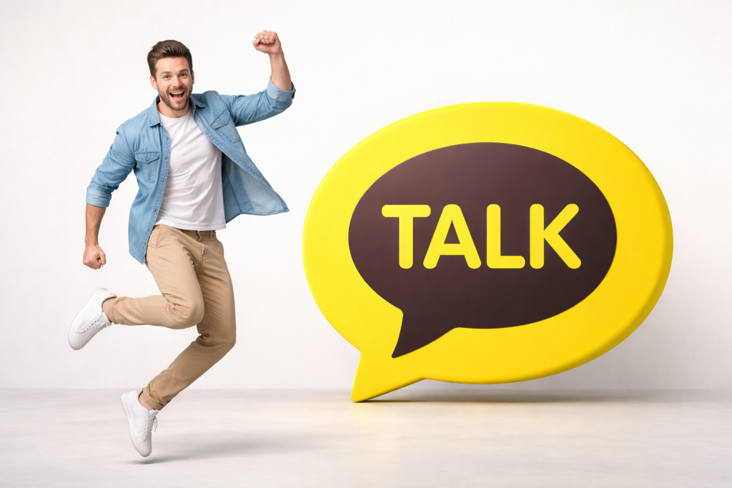 Улыбающийся мужчина в прыжке рядом с крупным логотипом KakaoTalk на минималистичном светлом фоне.