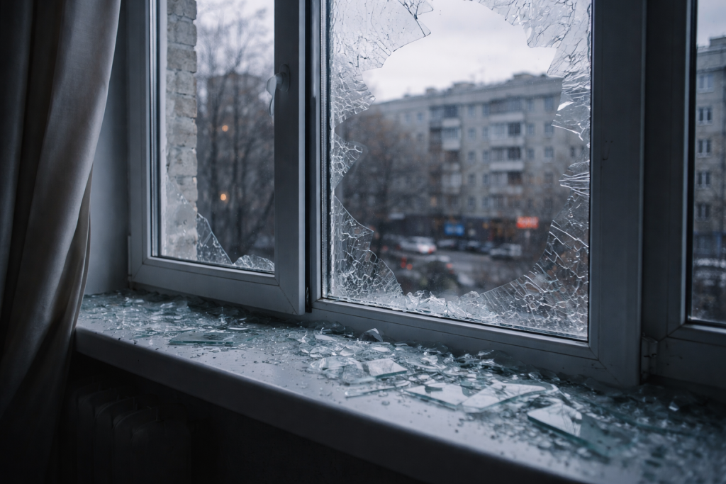 Разбитое окно в квартире после ночного происшествия, осколки стекла на подоконнике, на фоне жилые дома.