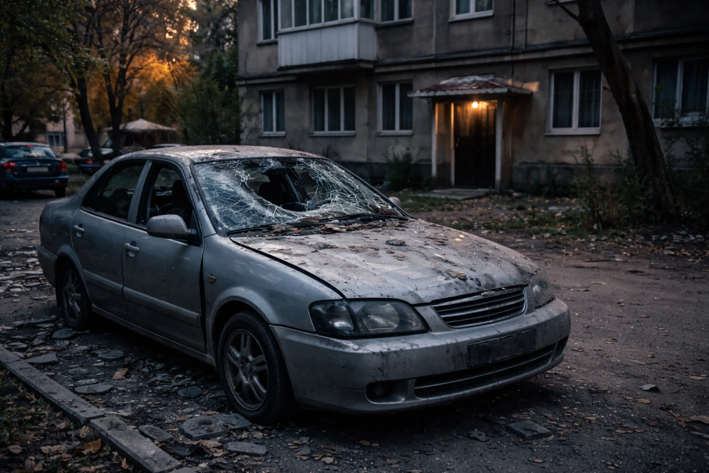 Поврежденный легковой автомобиль во дворе жилого дома после ночной атаки БПЛА в Таганроге