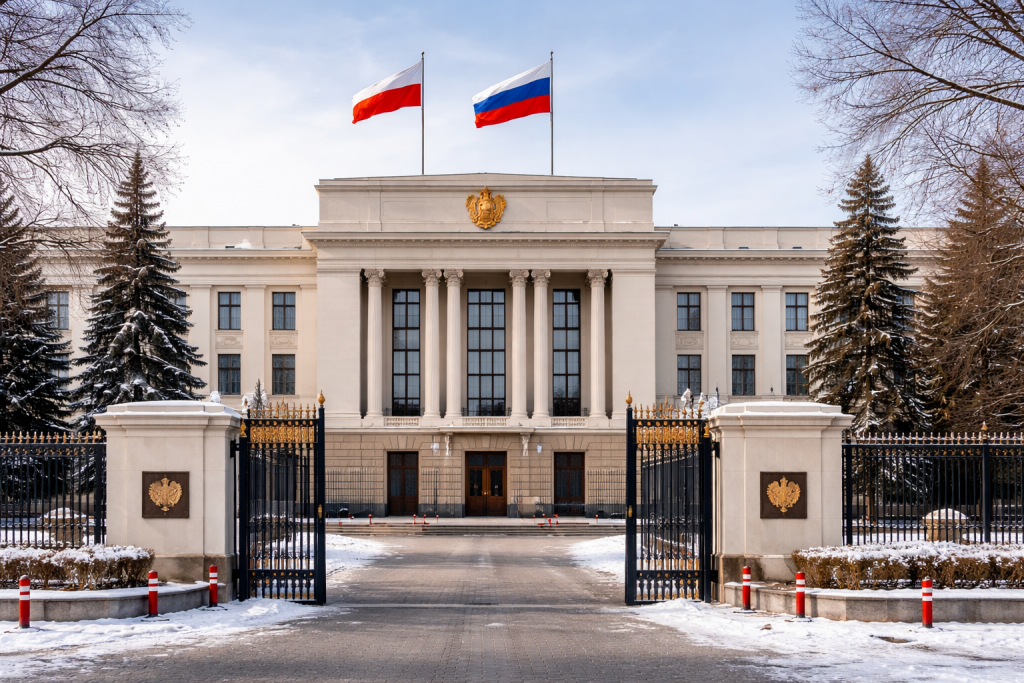 Здание посольства России в Варшаве на фоне флагов России и Польши.
