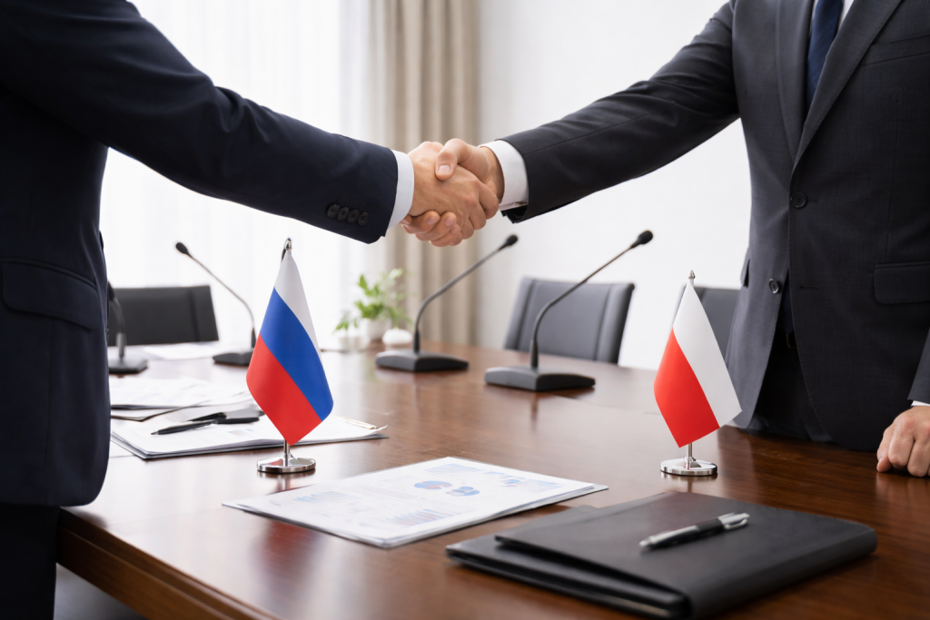 Дипломаты пожимают руки на фоне флагов России и Польши.