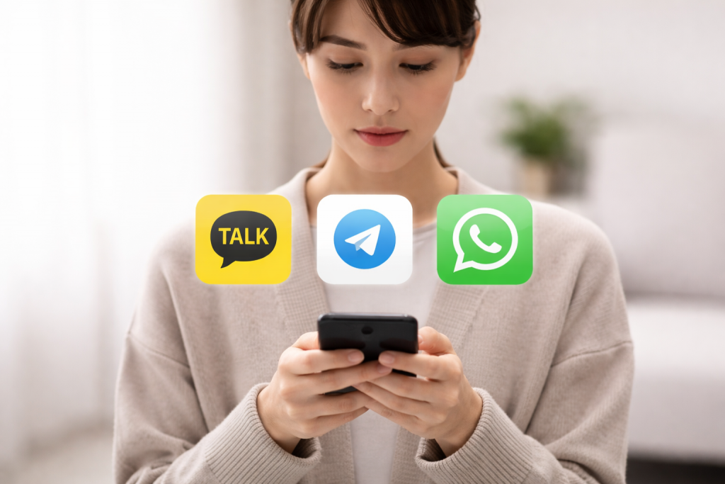 Девушка выбирает мессенджер KakaoTalk, Telegram или WhatsApp на смартфоне.