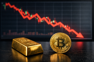 Золотой слиток и монета биткоина на тёмной поверхности на фоне красного нисходящего графика рынка.