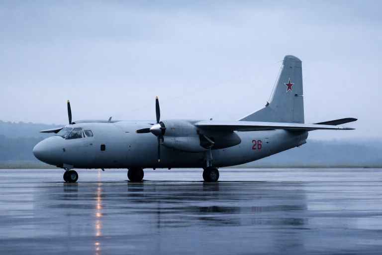 Военно-транспортный самолет Ан-26 на взлетной полосе в пасмурную погоду.