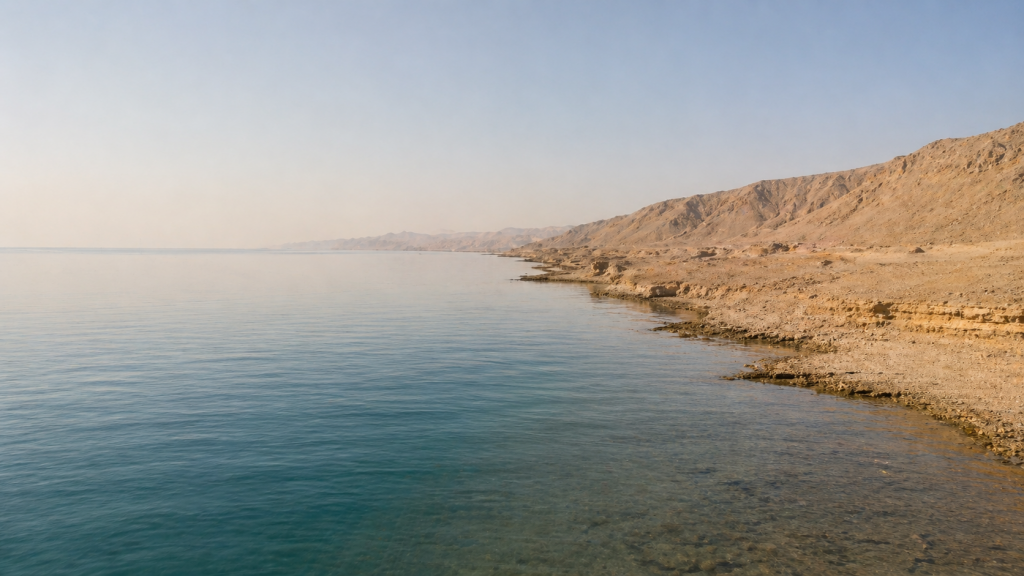Береговая линия Персидского залива: песчаные холмы и спокойная вода.