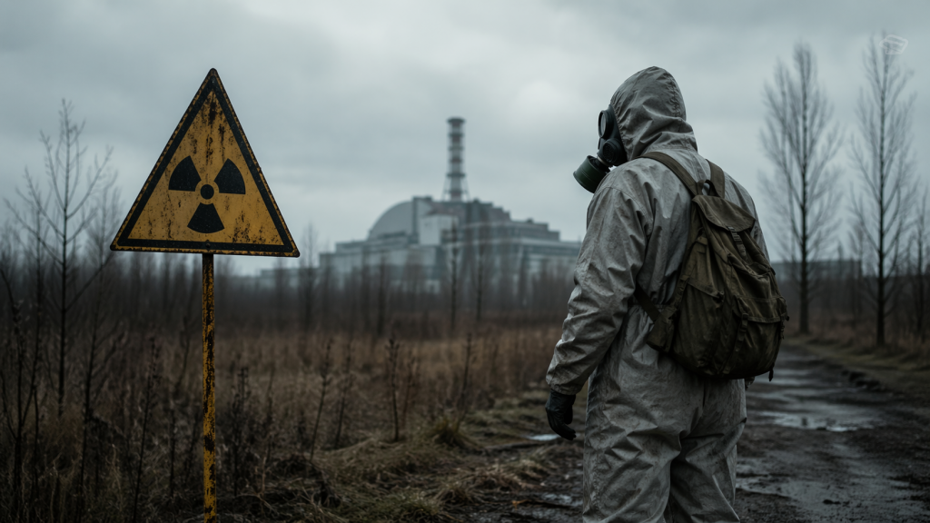 Человек в защитном костюме у знака радиационной опасности.