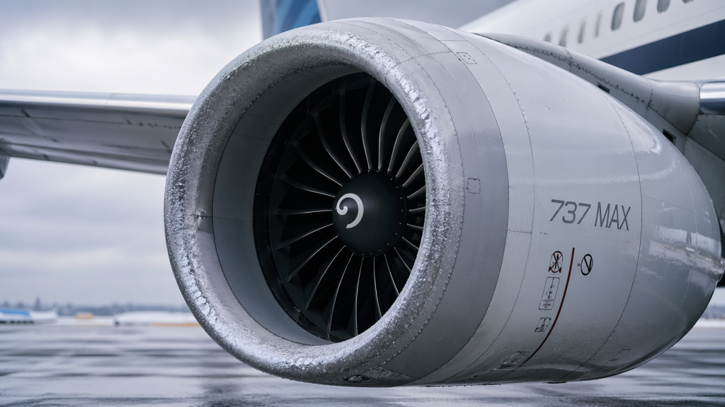 Двигатель Boeing 737 MAX крупным планом с системой anti-ice и следами обледенения.