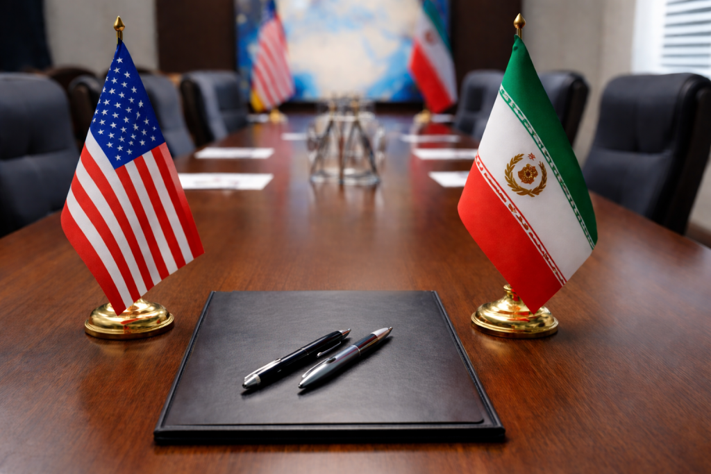 Переговорный стол с флагами США и Ирана и черной папкой на переднем плане.