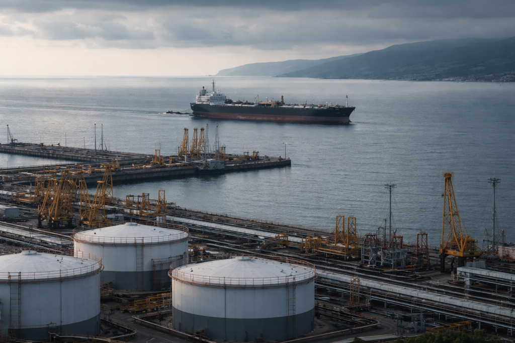 Нефтяной танкер у промышленного порта на Черном море, резервуары и портовая инфраструктура на фоне пасмурного неба.