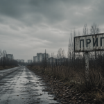 Пустая дорога в Припять с дорожным знаком на фоне заброшенного города.