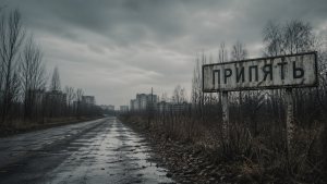 Пустая дорога в Припять с дорожным знаком на фоне заброшенного города.