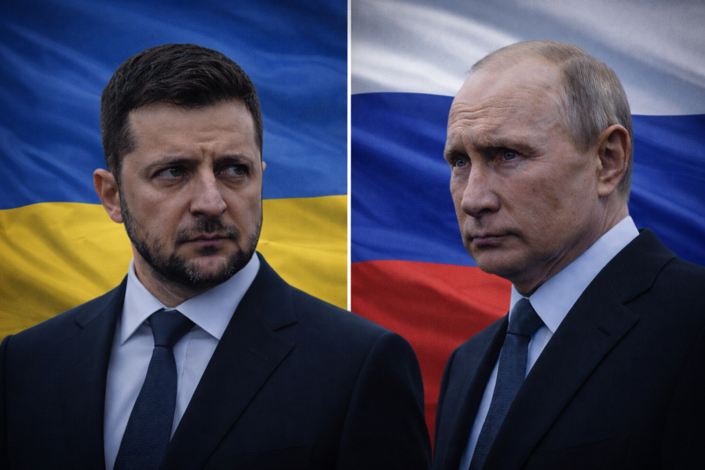 Коллаж с Владимиром Зеленским и Владимиром Путиным в тёмных деловых костюмах на фоне флагов Украины и России.