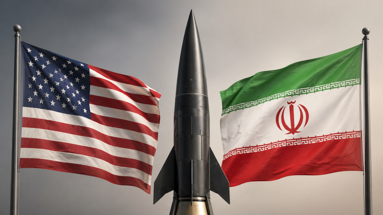Флаг США, флаг Ирана и ракета между ними.