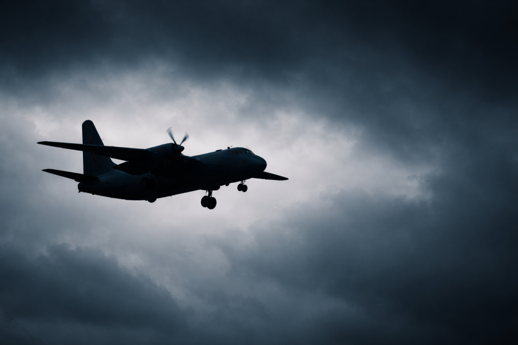 Самолет Ан-26 на фоне пасмурного неба.