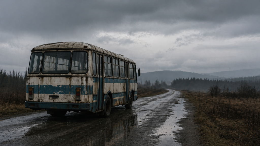 Заброшенный автобус в Чернобыльской зоне отчуждения на пустой дороге.